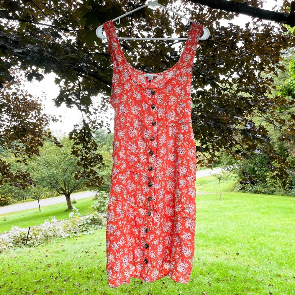 Orange Floral American Eagle Mini Dress with Buttons and Waist Tie